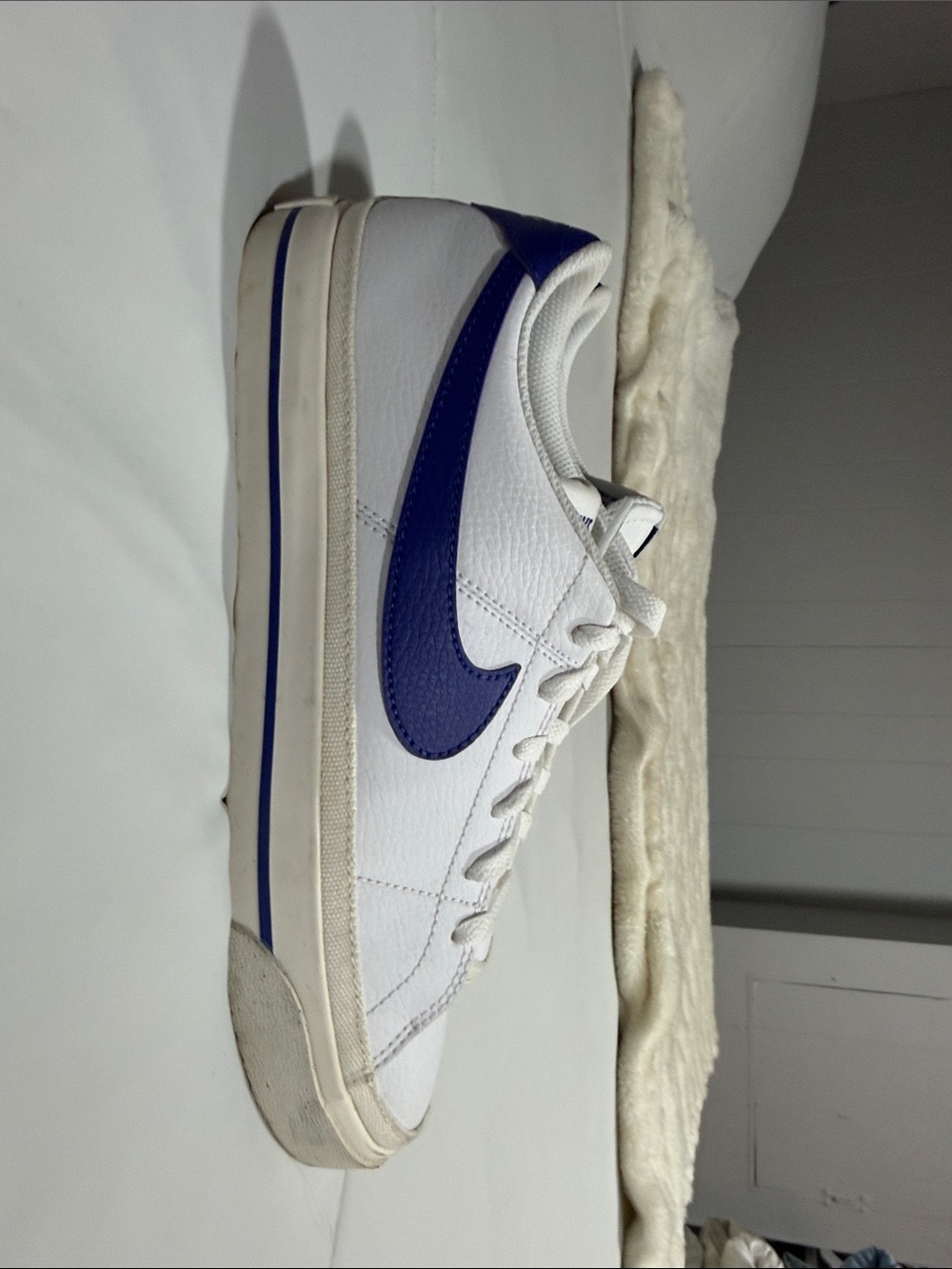 Nike White Leather Low-Top Sneakers with Royal Blue Swoosh